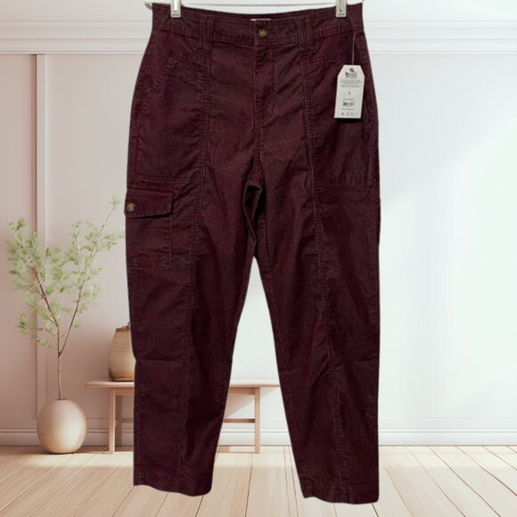 Women's New Maroon Burgundy Corduroy Straight Leg Mid Rise Cargo Utility Pants - Picture 2 of 7